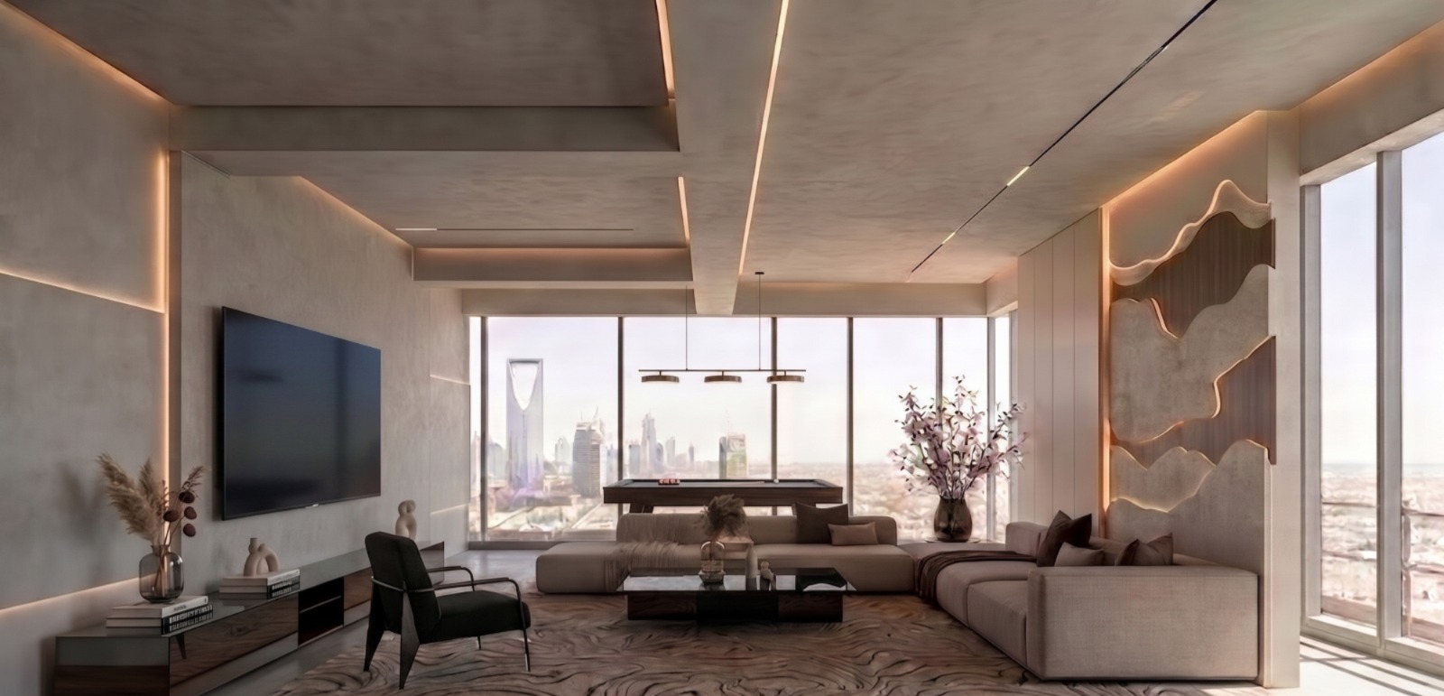 Luxurious hotel room with a king-sized bed, elegant decor, and large windows offering a stunning city view. Warm tones and plush seating create a cozy, sophisticated ambiance.